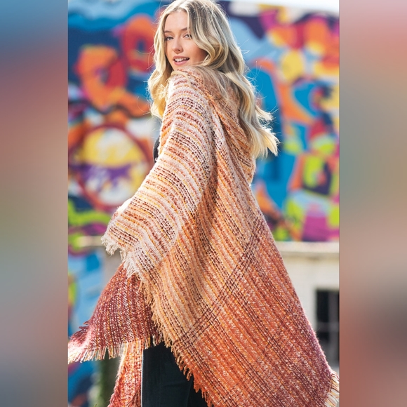Autumn Sunrise Hooded Ruana - Bottom & Side Fringe - Multicolored Yarns - Picture 6 of 7